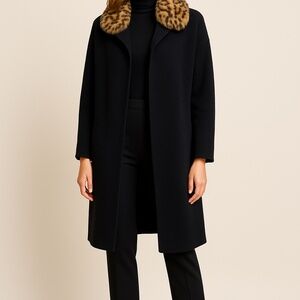 🧥 ZARA Knit Black Coat with Leopard Faux Fur Collar (Size S)